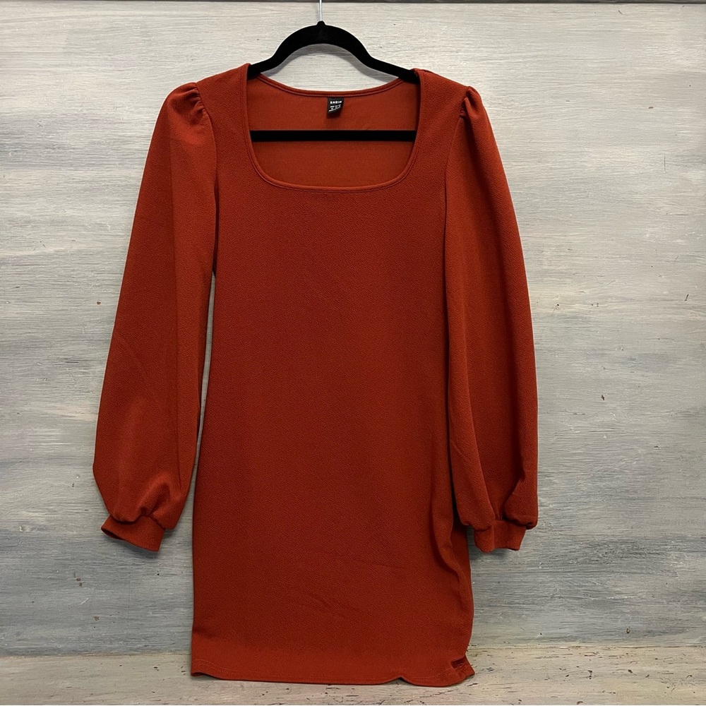 SHEIN Burnt Orange Square Neckline Balloon Sleeve Fitted Dress XS Like‎ New